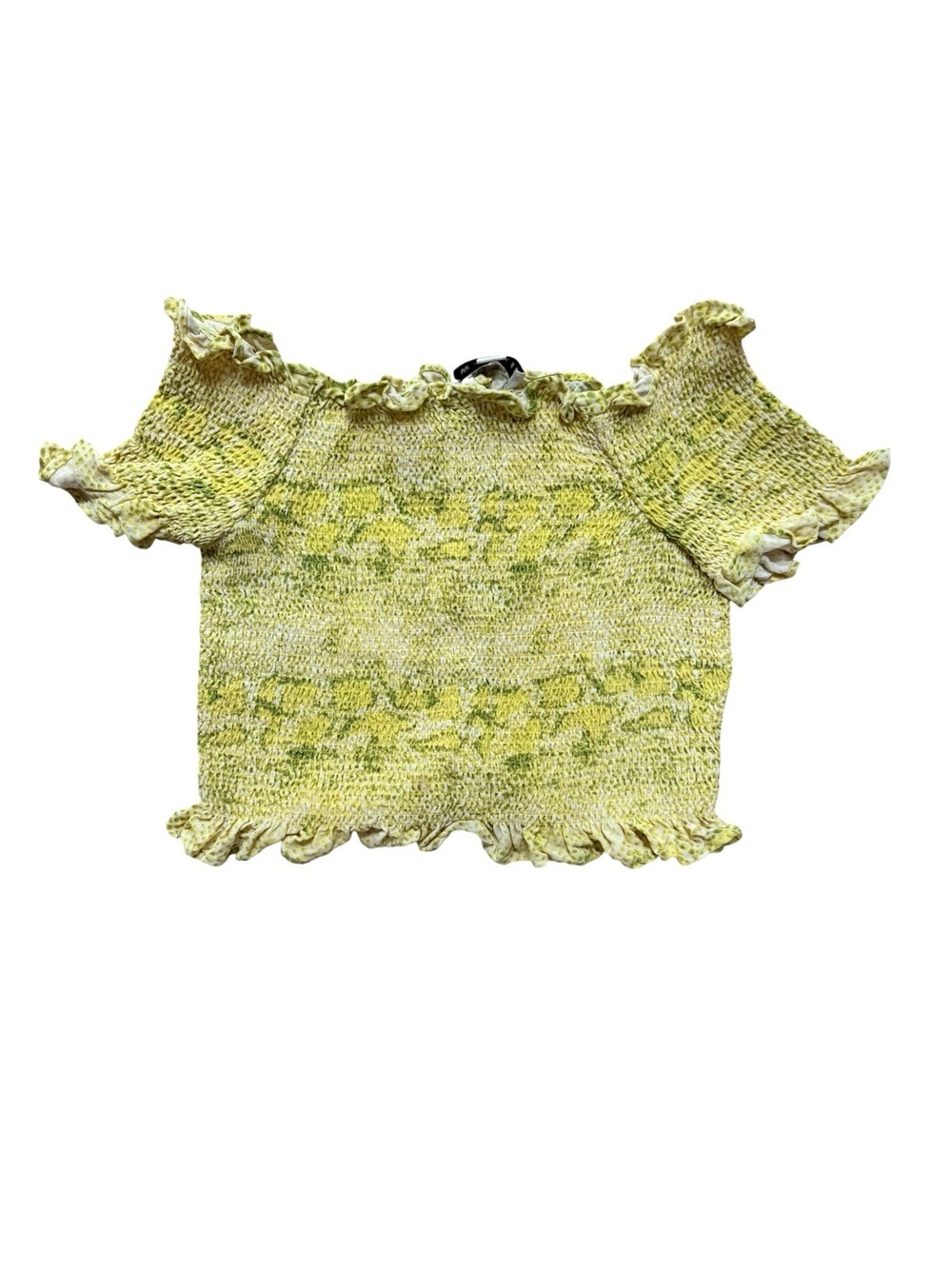 Whistles Yellow Green Animal Snake Print Smocked Off Shoulder Crop Top US 4